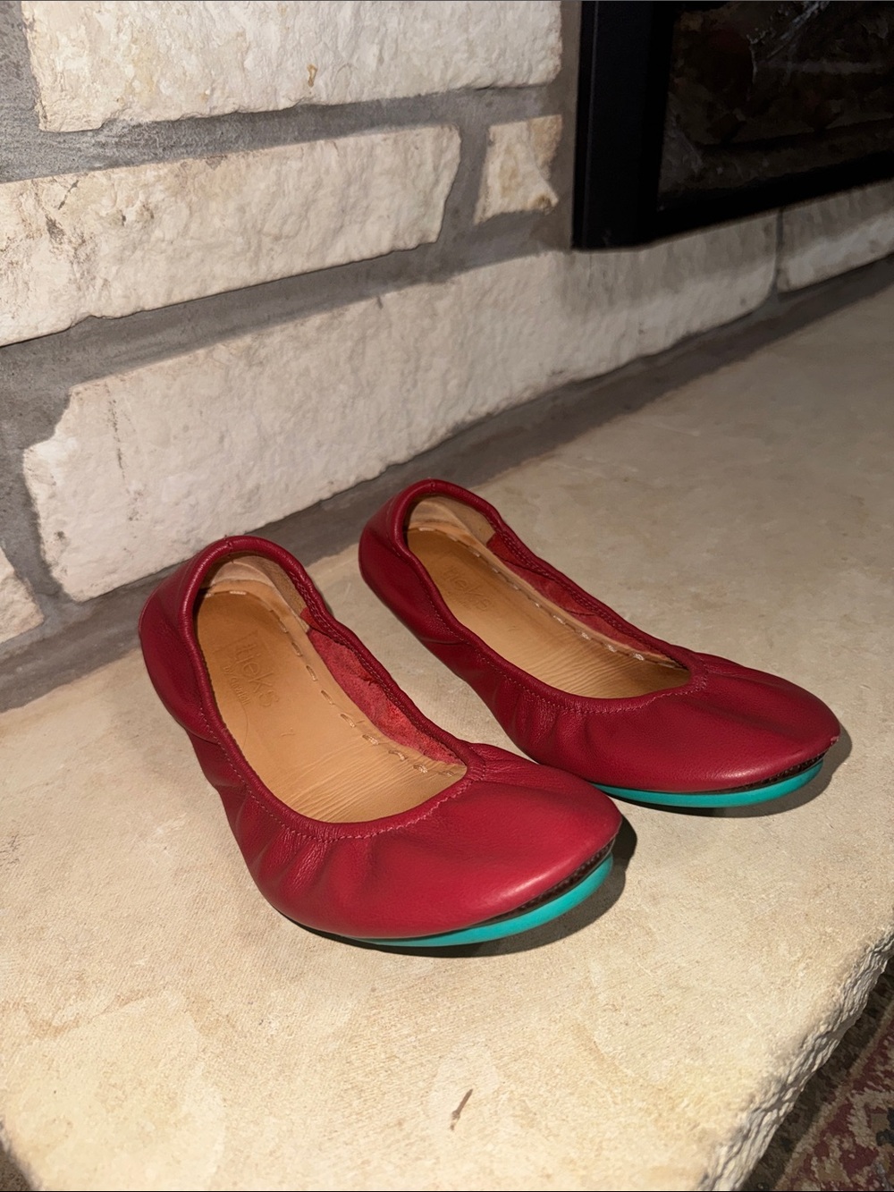 Tieks Red Leather Ballet Flats with Teal Accent Sole